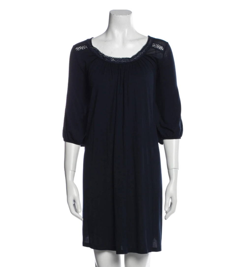 Oscar de la Renta Lace Trim Modal Nightgown Navy Blue 3/4 sleeve puff Scoopneck